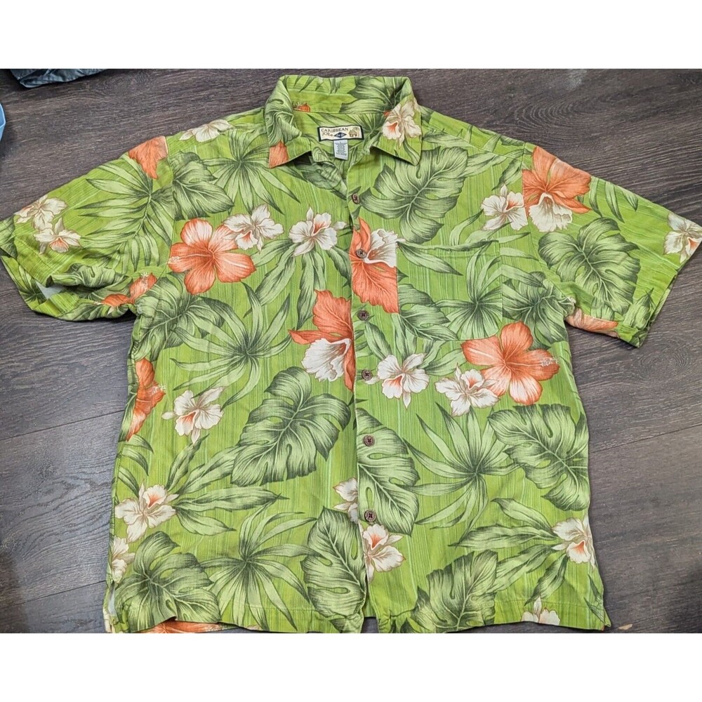Caribbean Joe Shirt Mens Size Large Button Up Green Floral Collard (350)